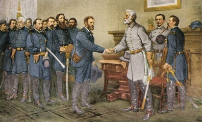 On April 9, 1865, General Robert E. Lee (right) surrendered to General Ulysses S. Grant at Appomattox, Virginia. (c) The Granger Collection, New York